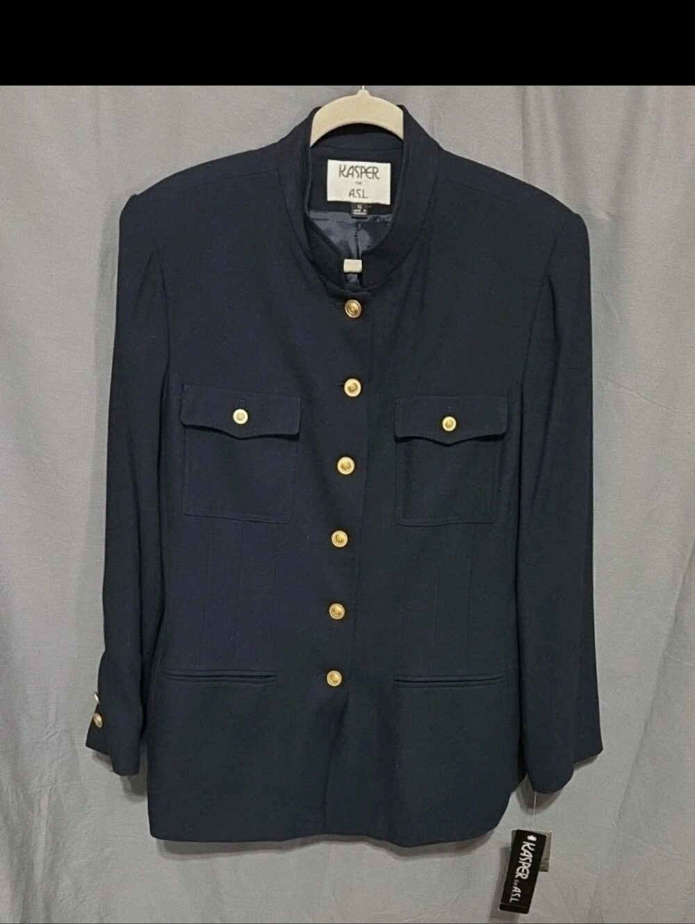 Vintage Kasper ASL Navy Military Style‎ Blazer Gold Buttons Shoulder Pads 16 NWT